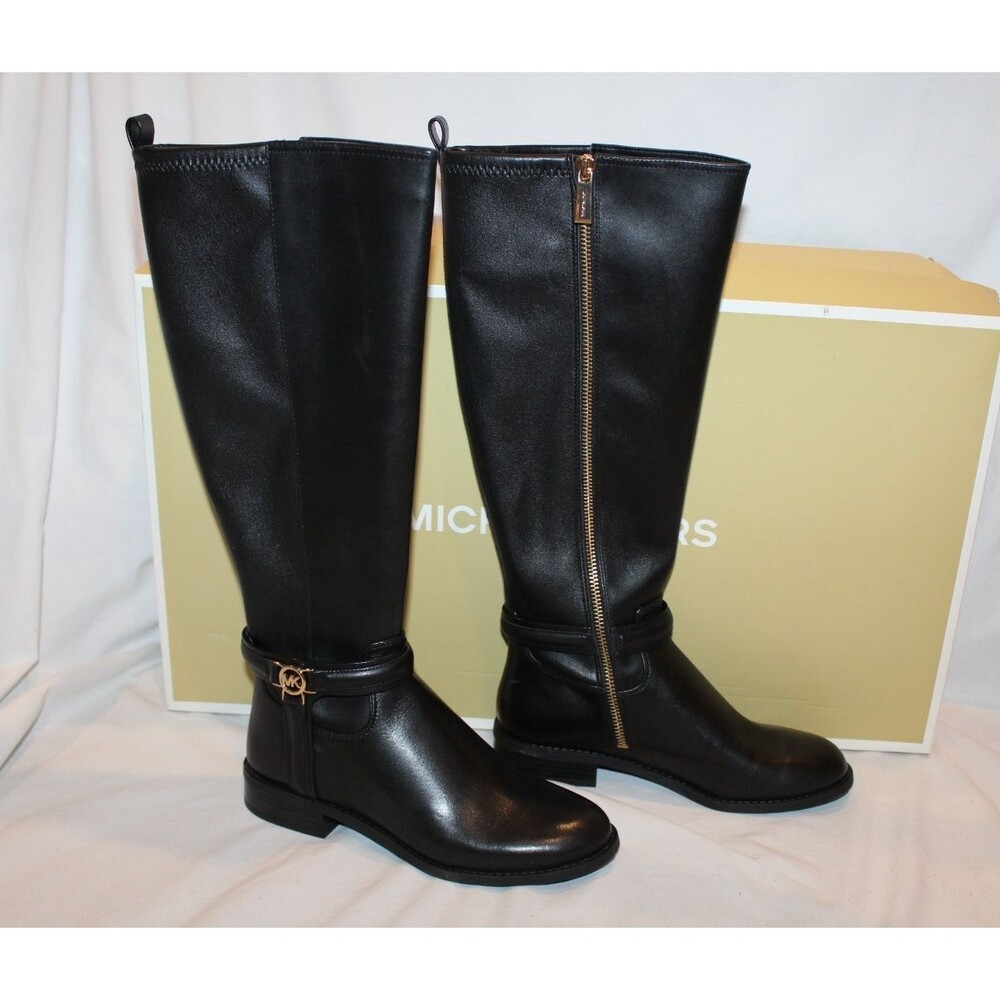 $375 Michael Kors Women's Mindy Flat Leather Tall Black Boots 5 W